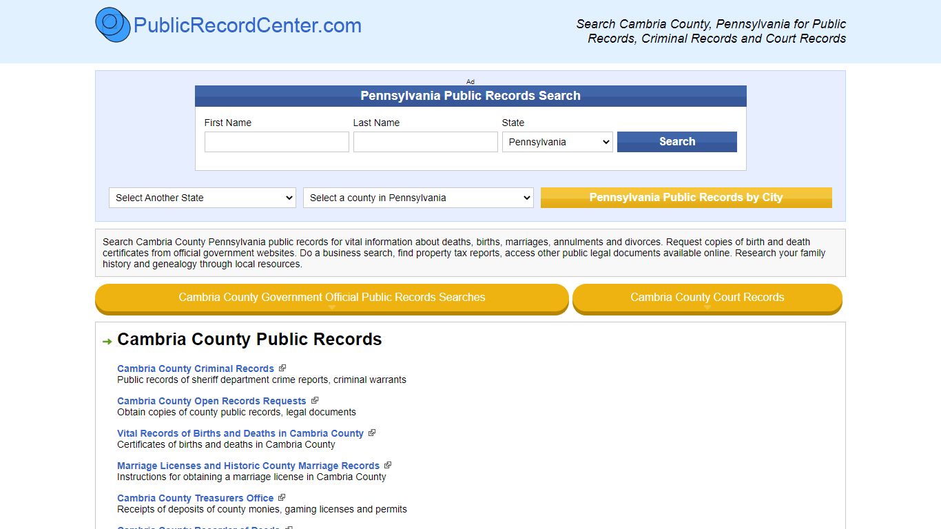 Cambria County Pennsylvania Free Public Records - Court ...